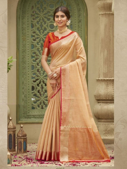 Weaving Tusser Silk Fastive Saree In Beige-81034