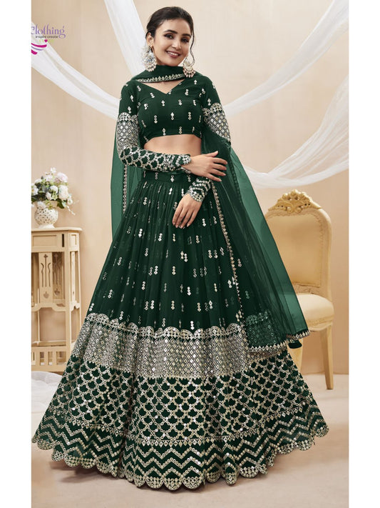 Embroidered Georgette Lehenga in Dark Green