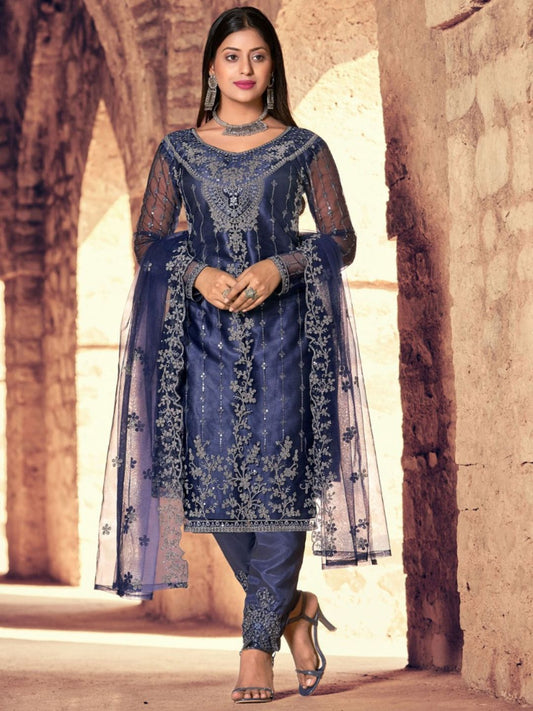 Embroidered Net Salwar Kameez in Blue