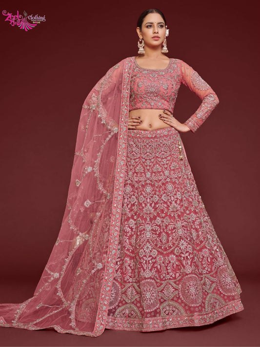 Net Wedding Lehenga in Pink with Zari work-90980