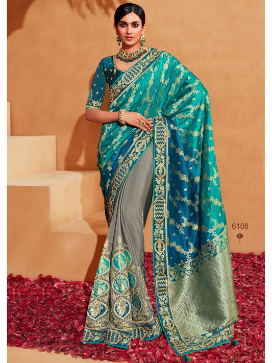 Embroidered Silk Designer Traditional Saree In Blue and Grey