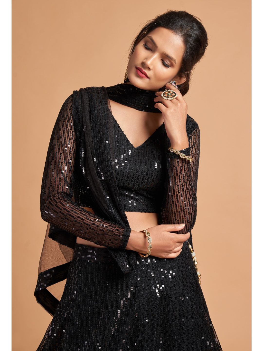 Sequence Net Fastive A Line Lehenga in Black-90943