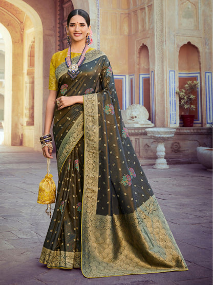 Embroidered Silk Traditional Saree In Green-80981