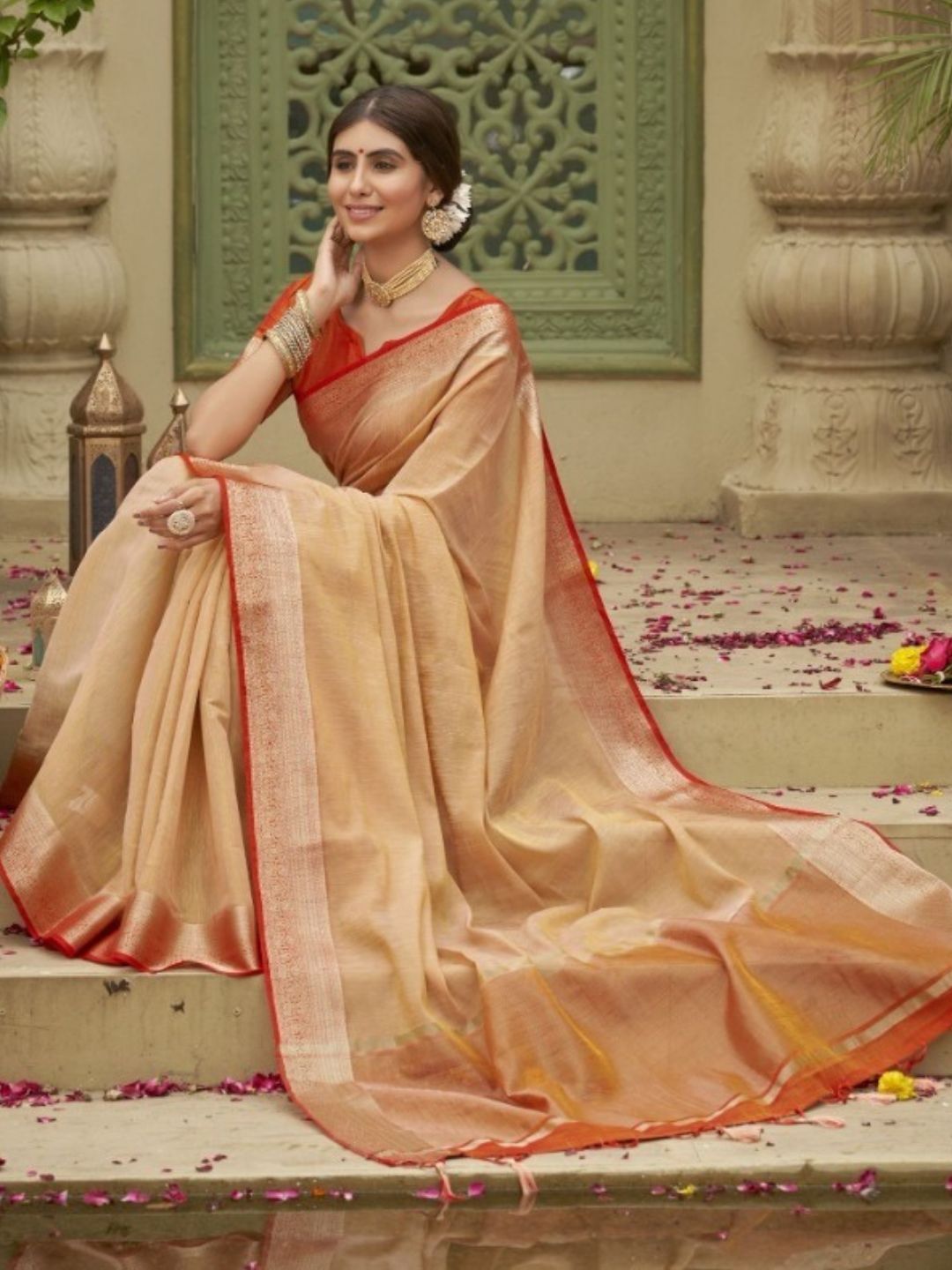 Weaving Tusser Silk Fastive Saree In Beige-81034