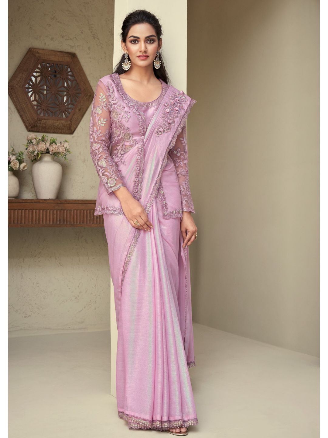 Embroidered Shimmer Silk Wedding Saree In Light Purple