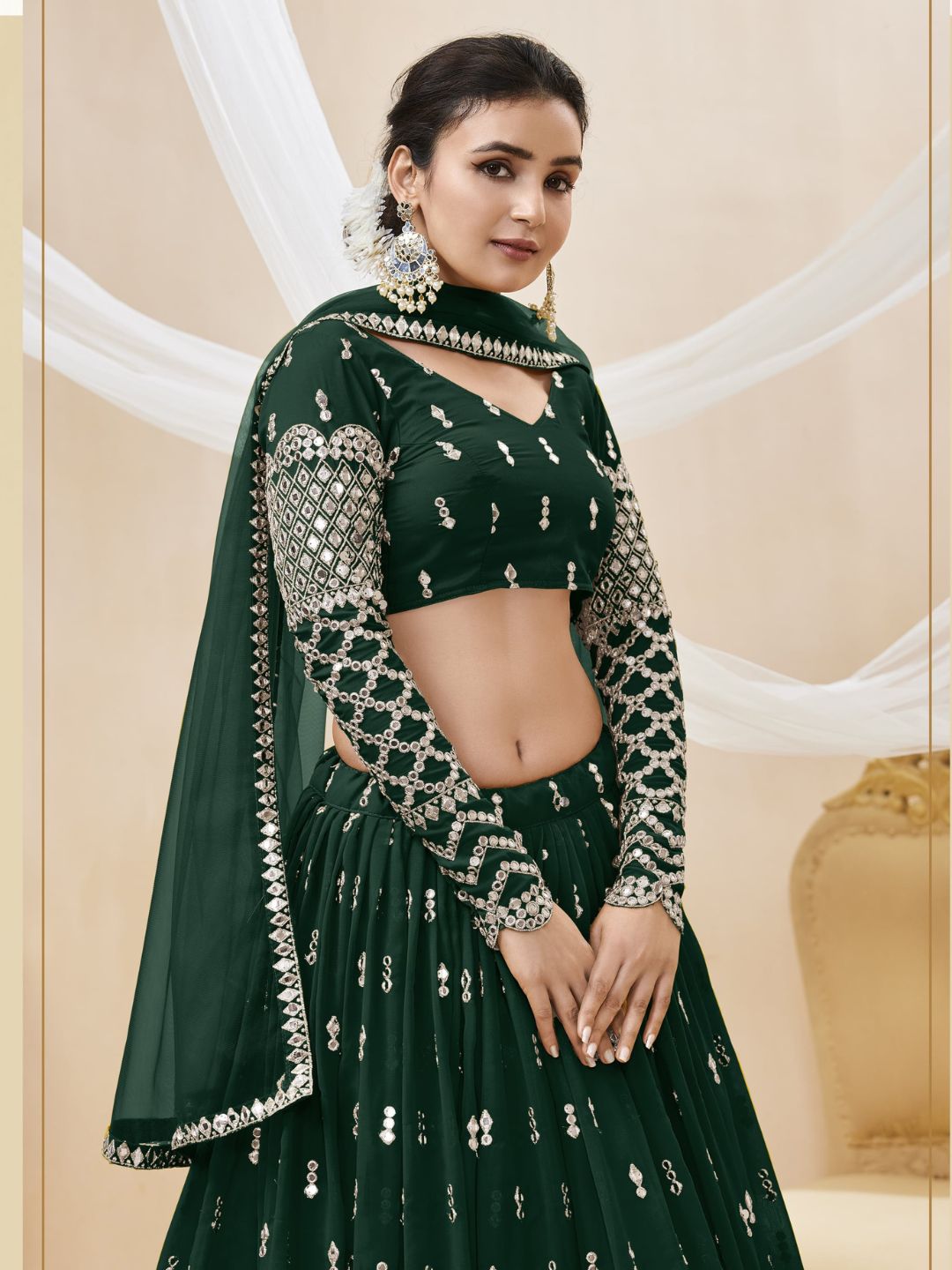 Embroidered Georgette Lehenga in Dark Green