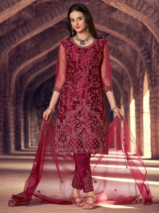 Embroidered Net Salwar Kameez in Maroon