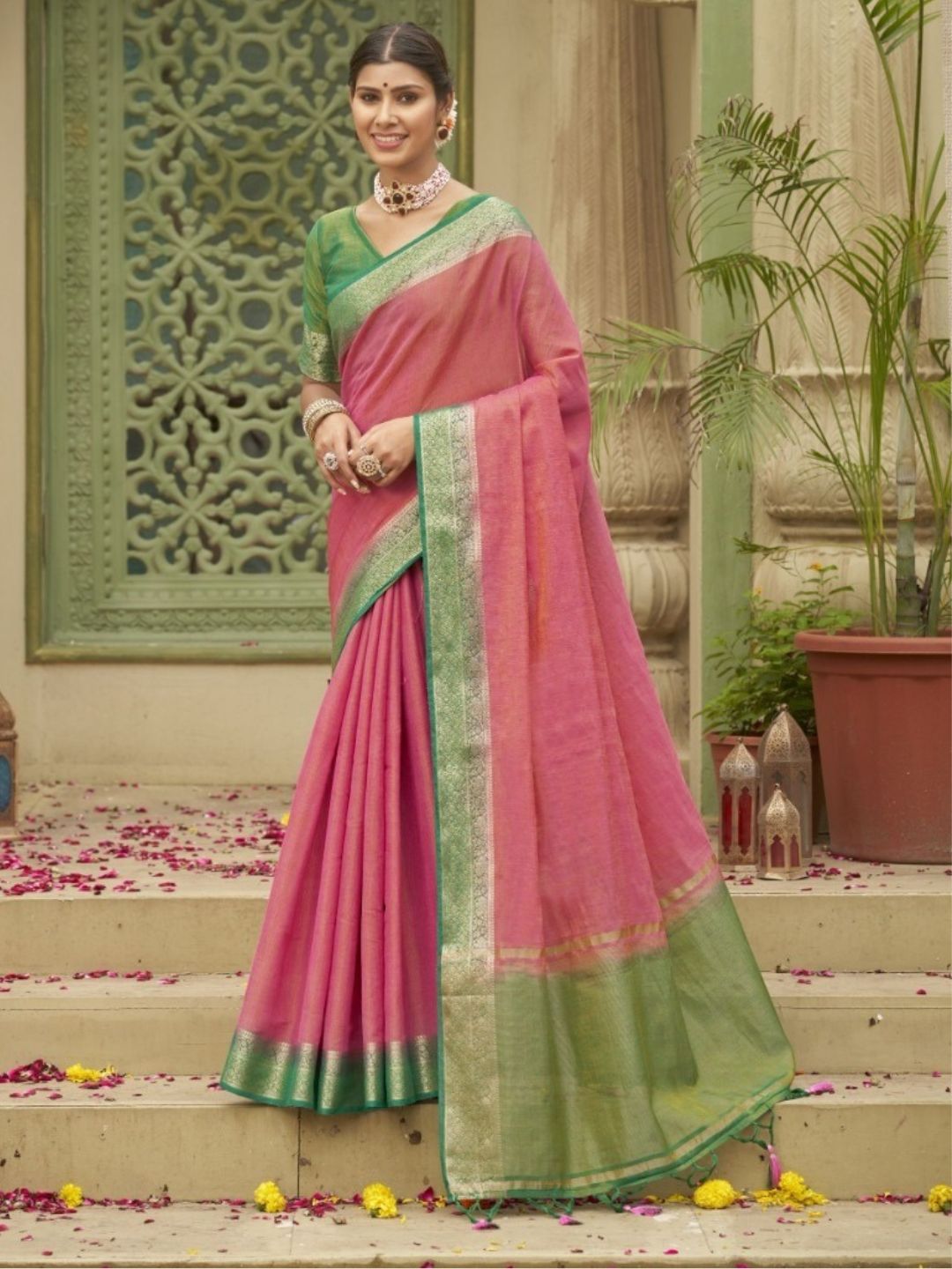 Weaving Tusser Silk Fastive Saree In Pink-81035