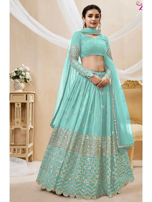 Embroidered Georgette Lehenga in Sky Blue