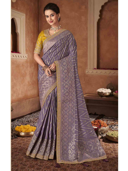 Embroidered Pure Dola Traditional Saree In Purple