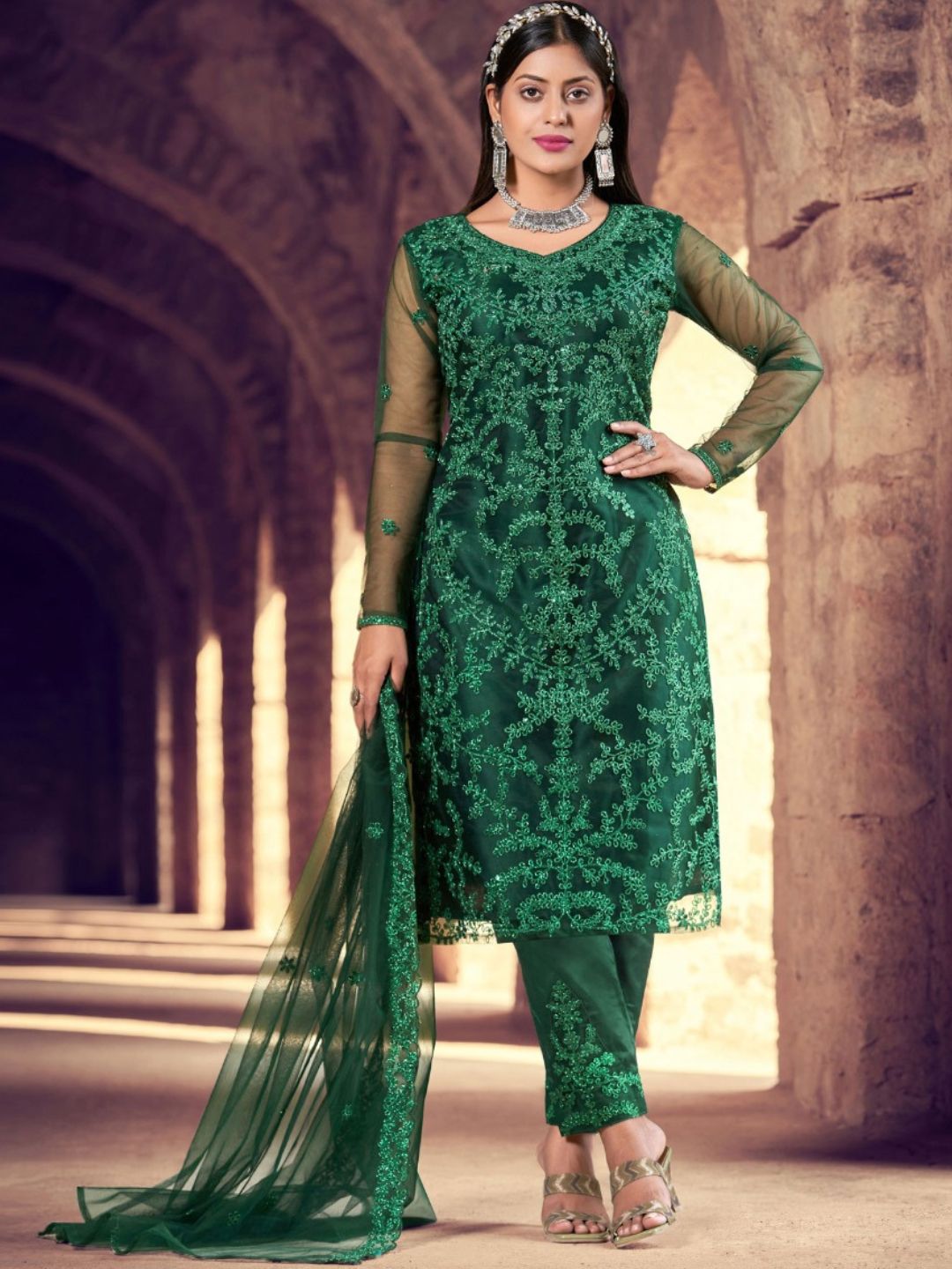 Embroidered Net Salwar Kameez in Green