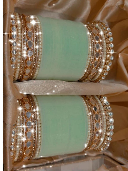 Green AD Stone-Studded Punjabi Chura Bridal Wedding Bangle Set-30920