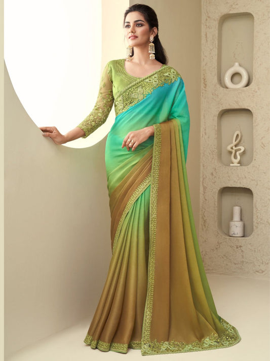 Embroidered Shimmer Silk Wedding Saree In Blue and Green