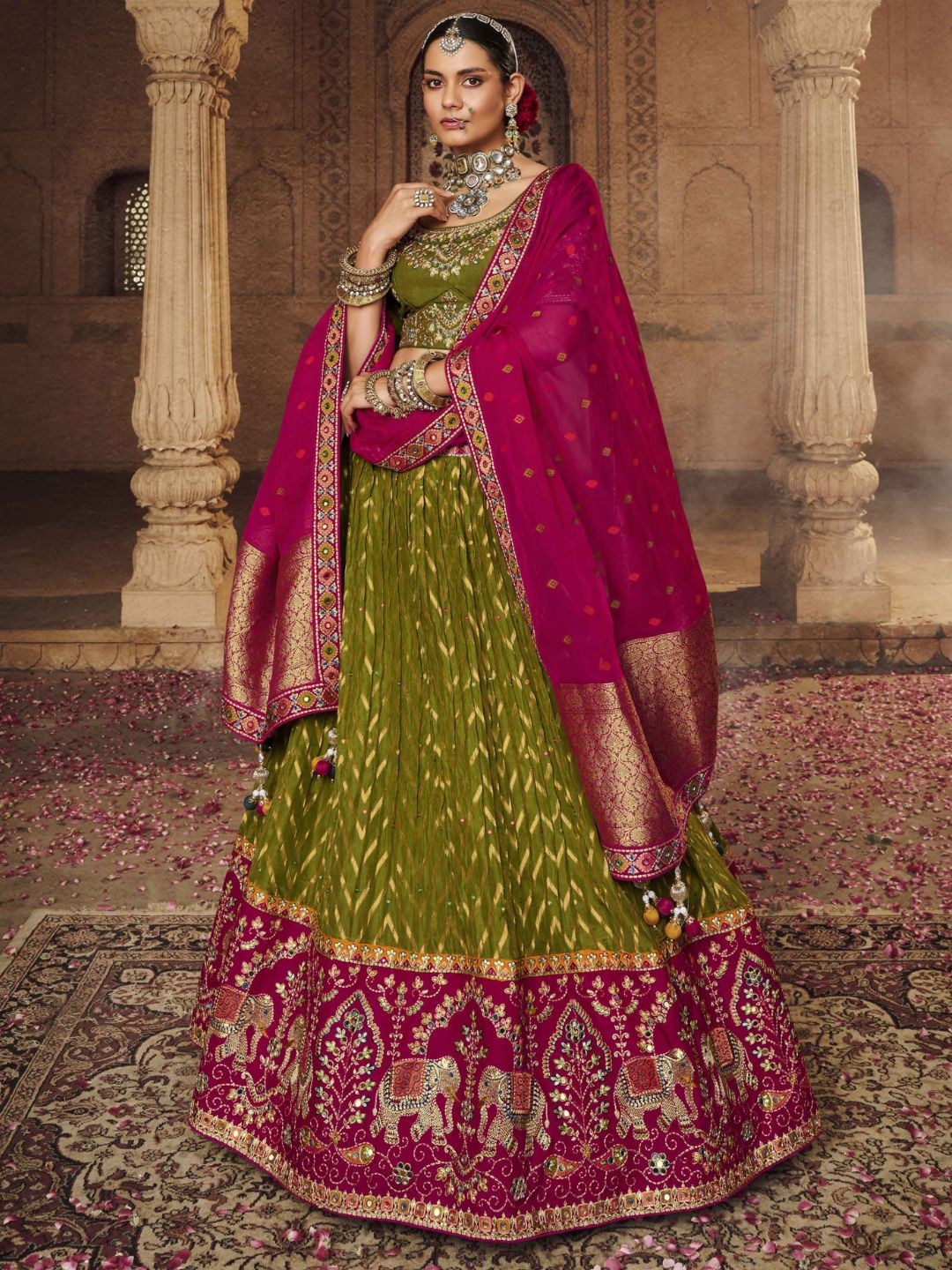 Mirror Organza A Line Lehenga in Green-90955