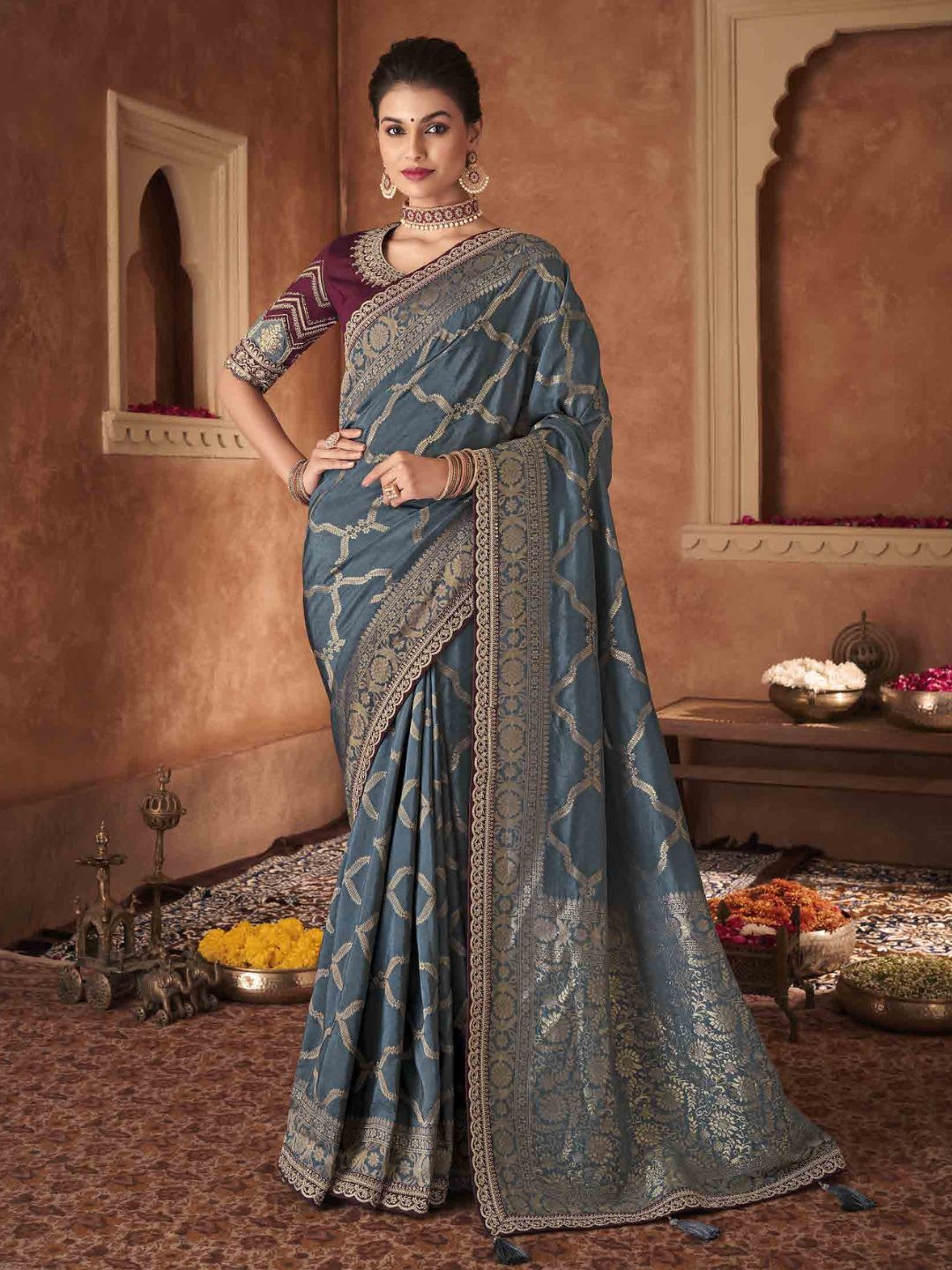 Embroidered Pure Dola Traditional Saree In Grey