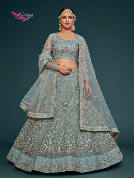 Net Wedding Lehenga in Blue with Zari work-90981