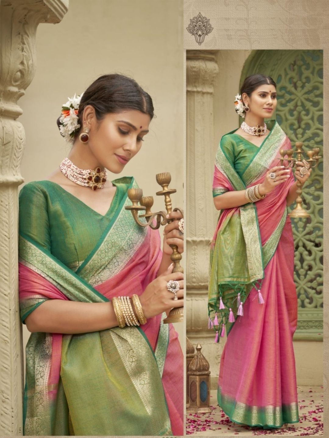 Weaving Tusser Silk Fastive Saree In Pink-81035