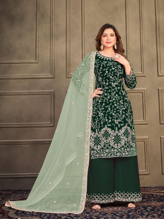 Embroidered Velvet Pakistani Suit in Green