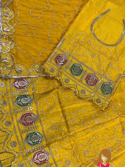 Platted Magzi Upada Silk Traditional Rajputi Poshak In Yellow