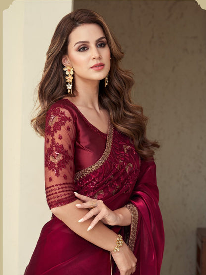 Embroidered Shimmer Silk Wedding Saree In Maroon