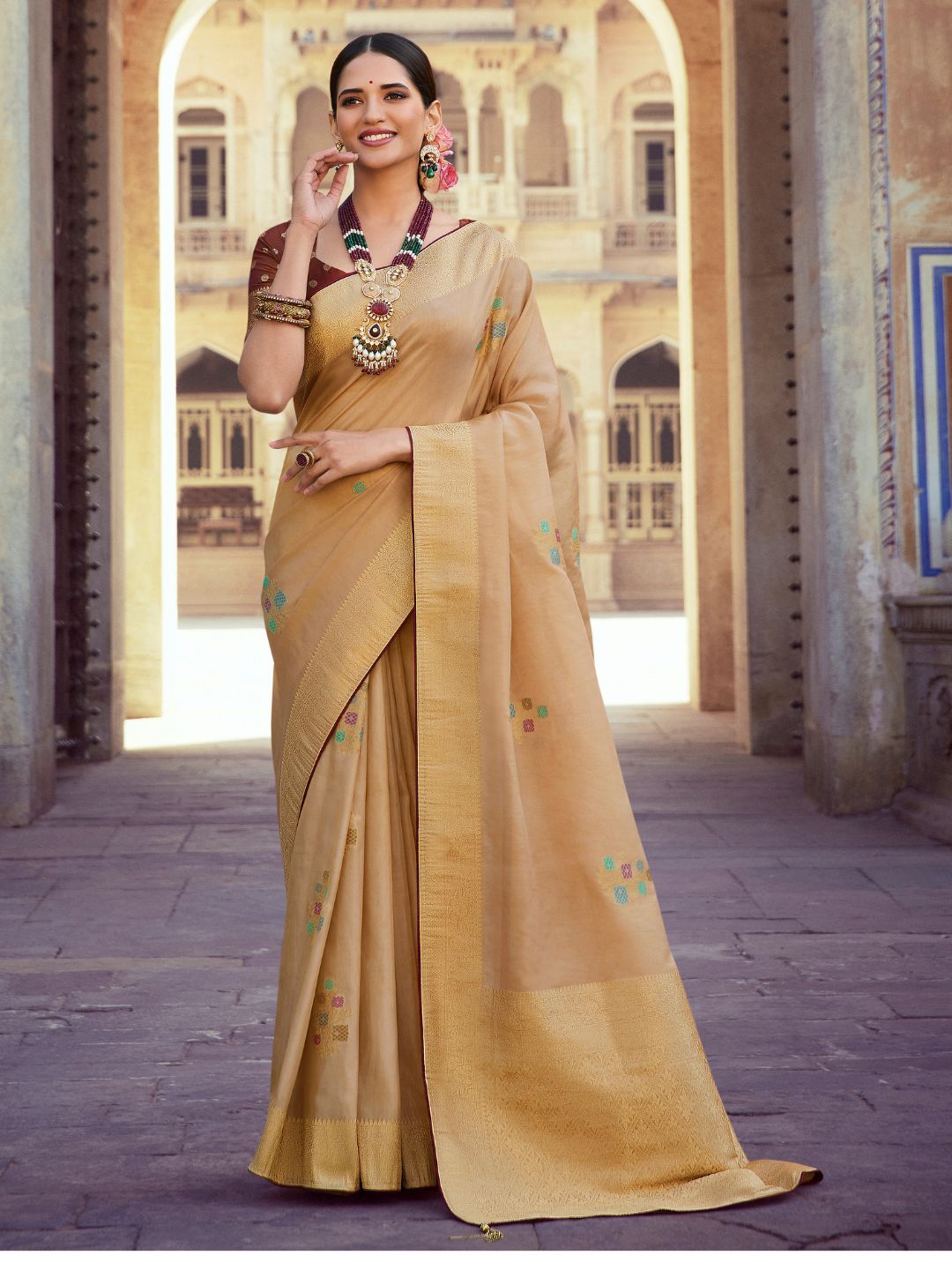 Embroidered Silk Traditional Saree In Brown