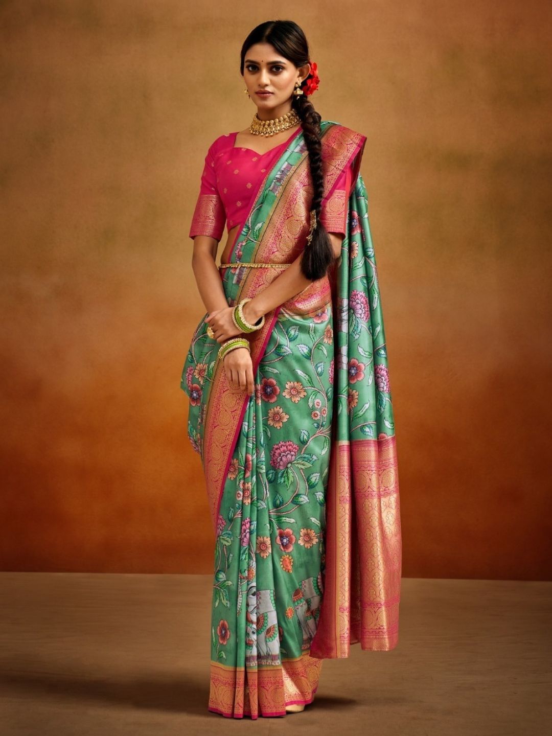 Digital Print Kalamkari Banarasi Silk Fastive Saree In Green