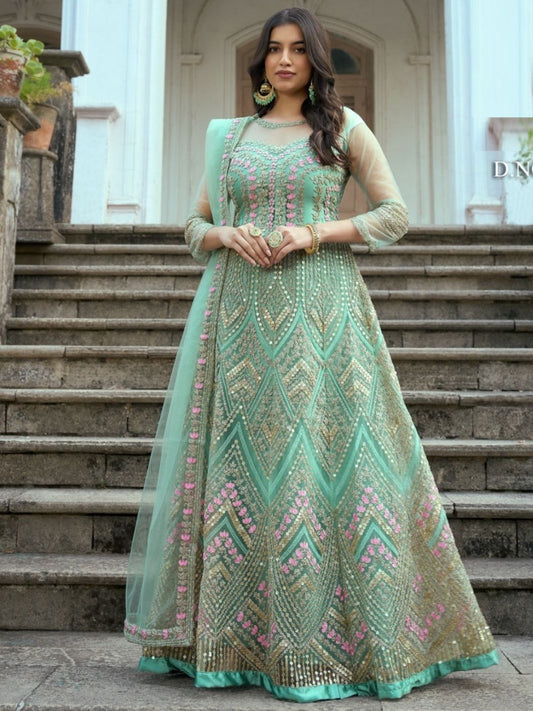 Embroidered Net Abaya Style Suit in Green