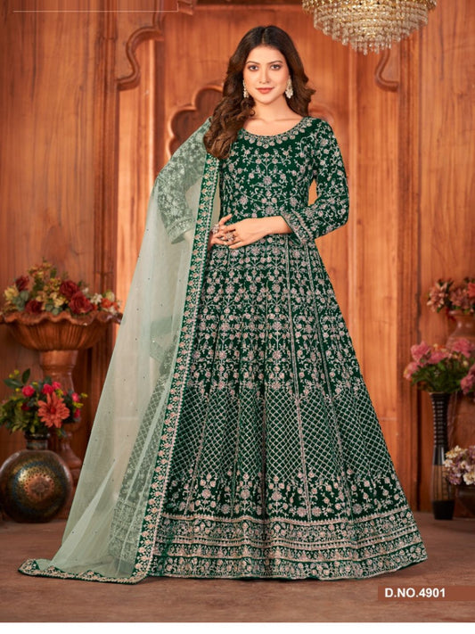 Zari Velvet Party Wear floor length Salwar Kameez In Green