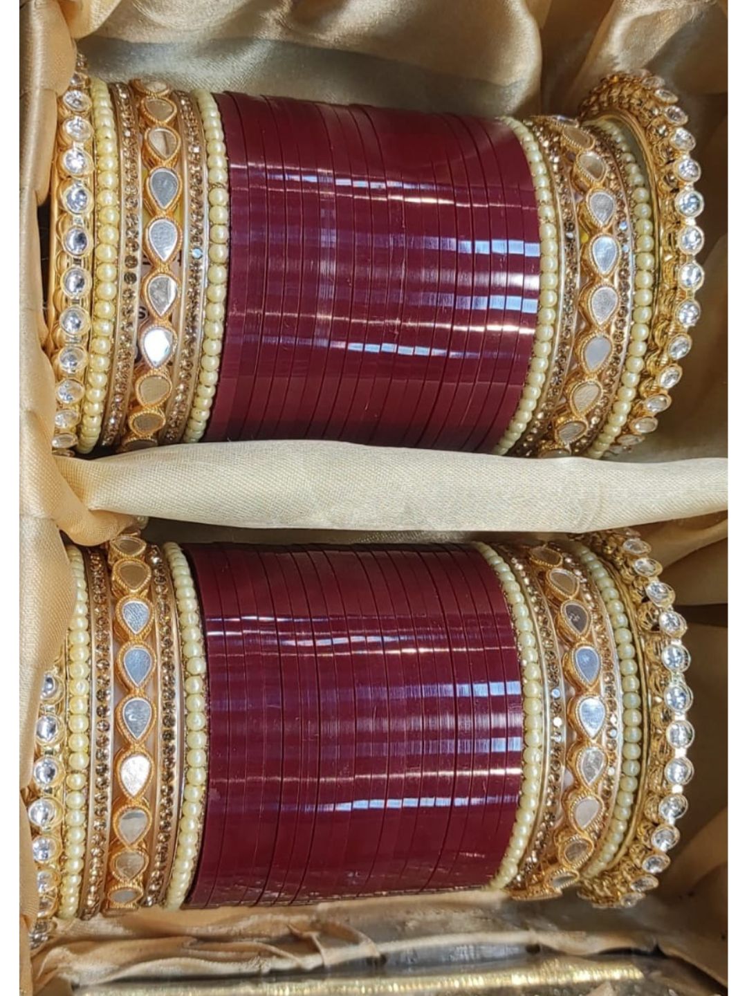 Maroon AD Stone-Studded Punjabi Chura Bridal Wedding Bangle Set-30914