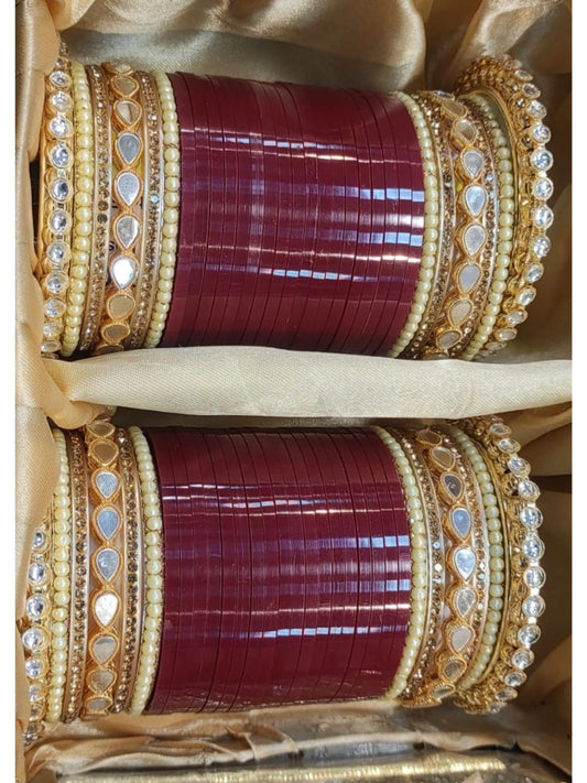 Maroon AD Stone-Studded Punjabi Chura Bridal Wedding Bangle Set-30914