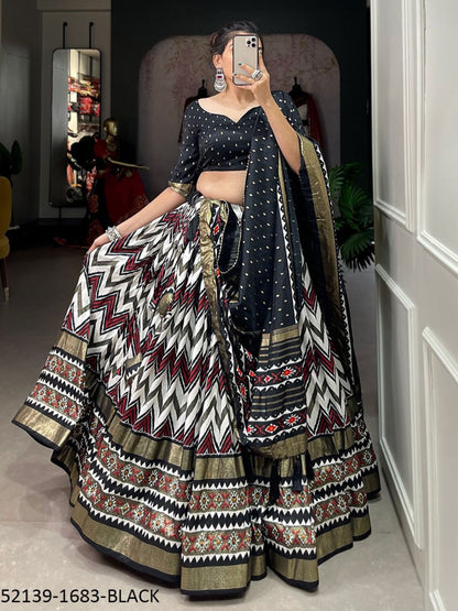 Foil Printed tussar Silk with Bandhani Dupatta Lehenga Choli In Black color -82065