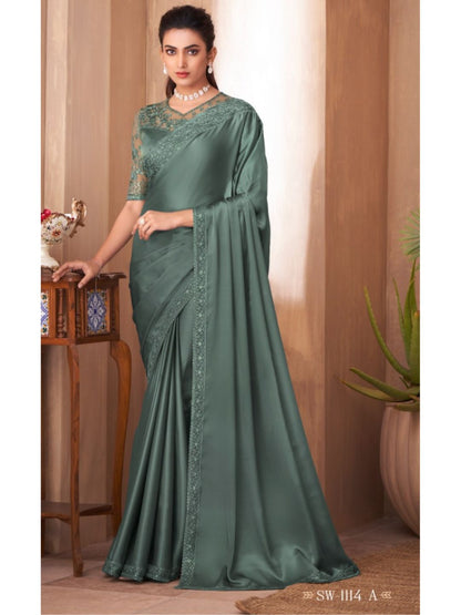 Embroidered Silk Fastive Saree In Green