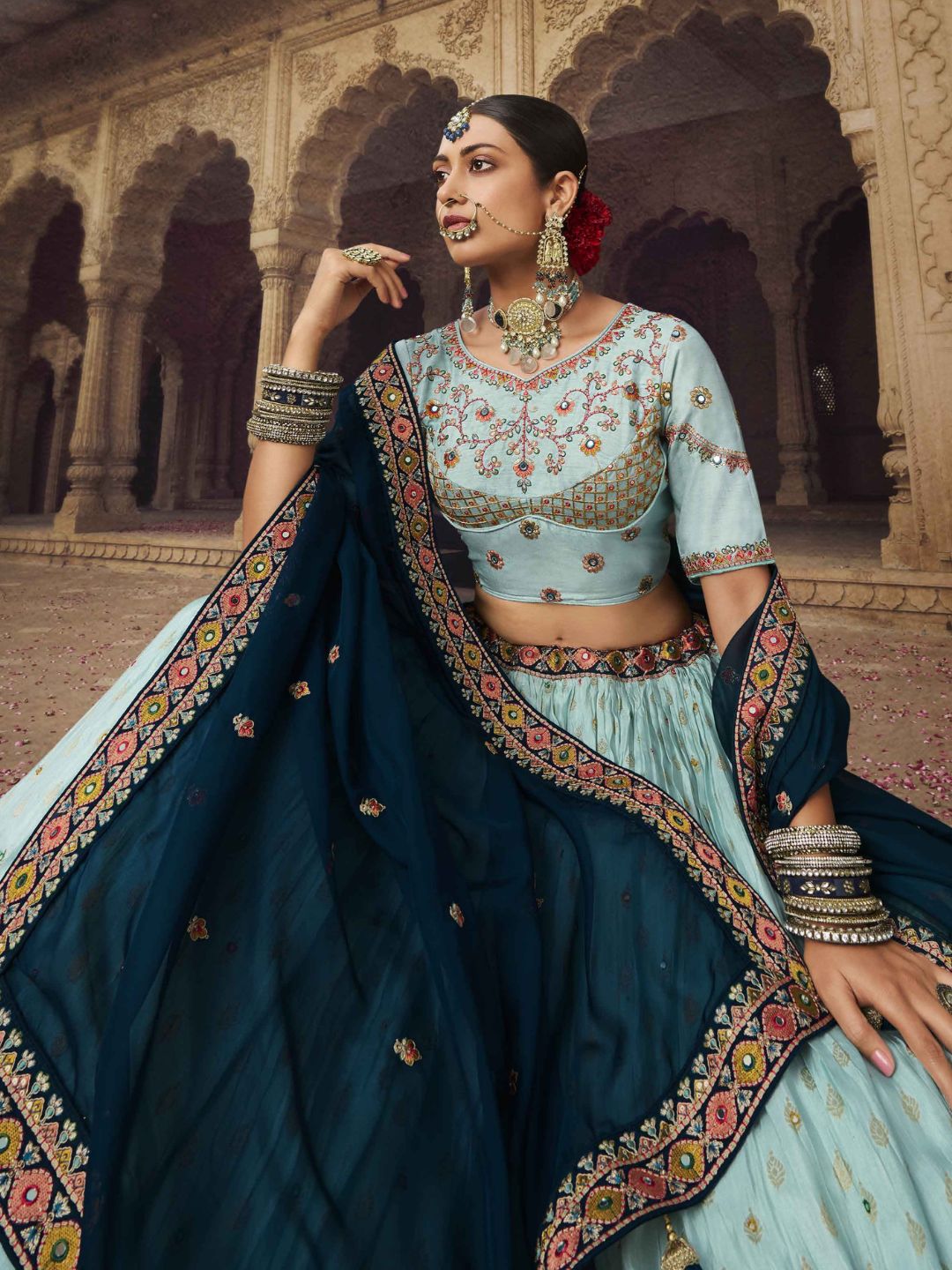 Mirror Organza Lehenga in Sky Blue