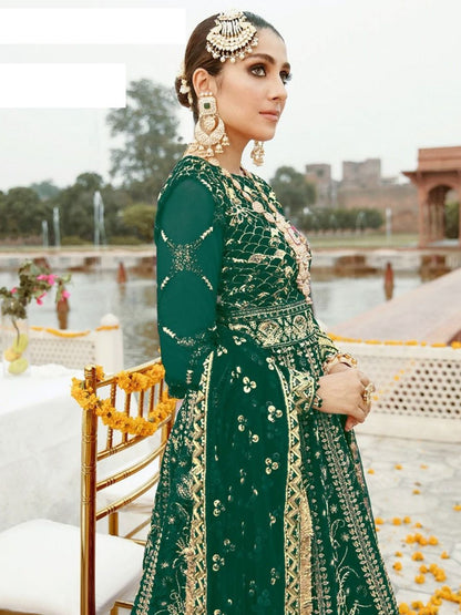 Embroidered Net Mehendi Sangeet Suits in Green