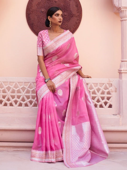 Weaving Linen Handloom Fastive Saree In Pink