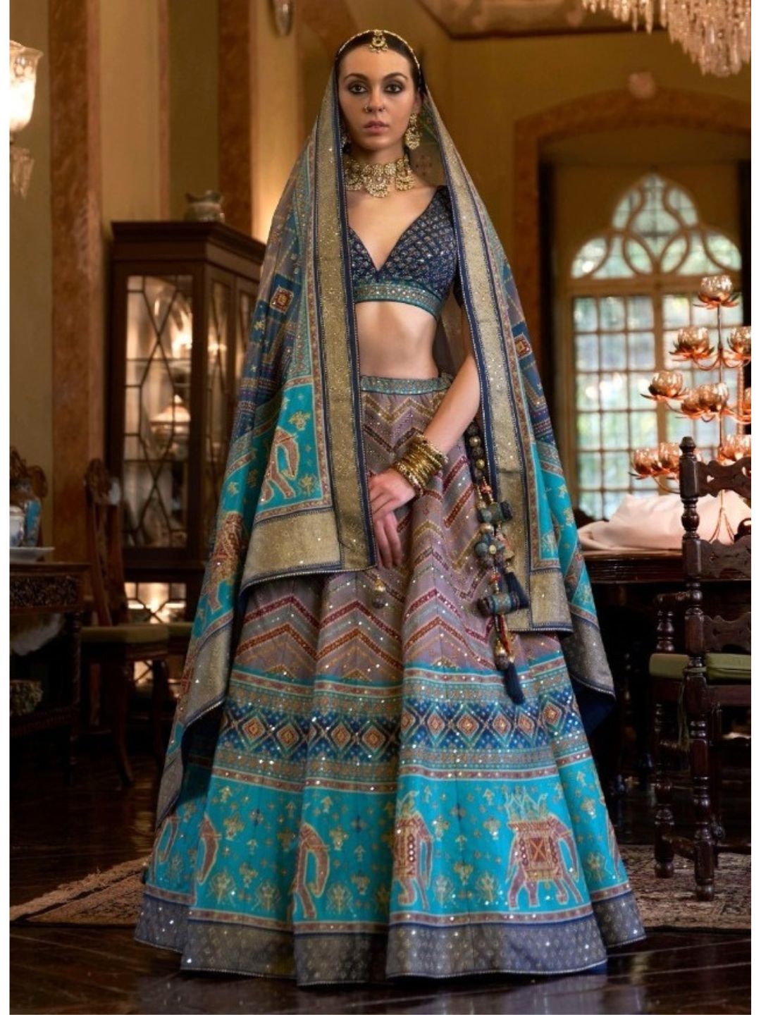 Mirror Work Art Silk Bridal Lehenga in Blue