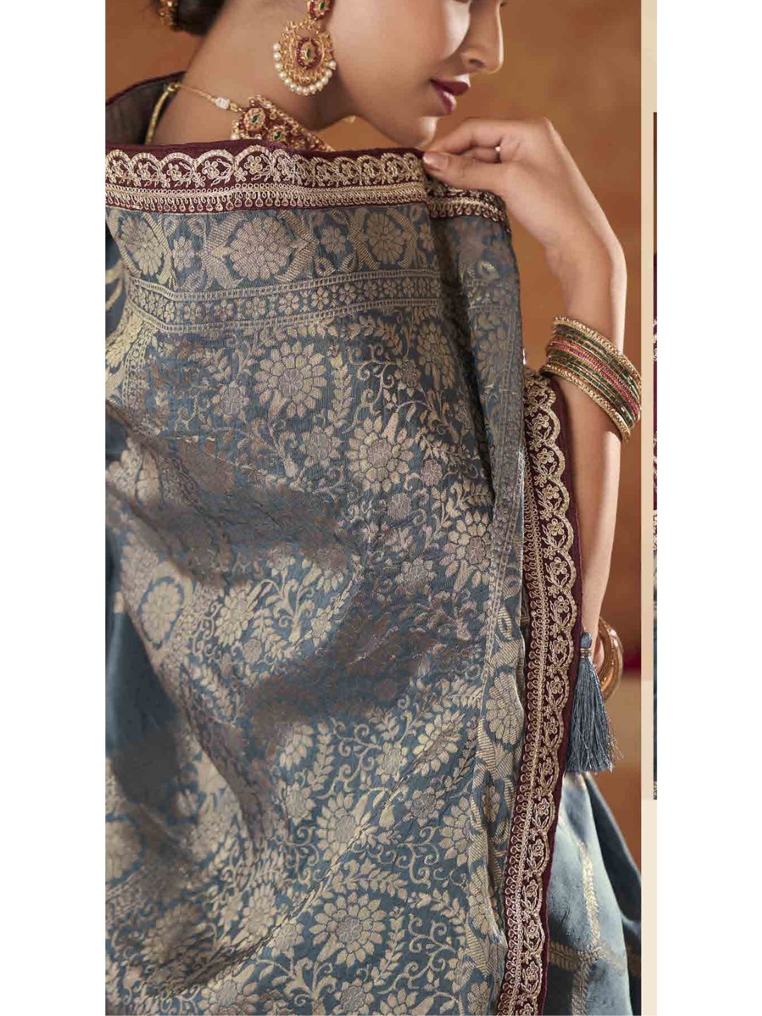 Embroidered Pure Dola Traditional Saree In Grey