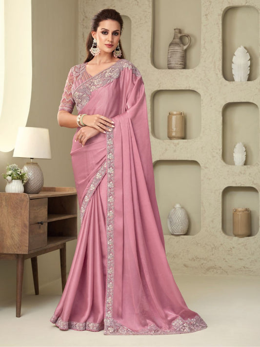 Embroidered Shimmer Silk Wedding Saree In Pink and Magenta