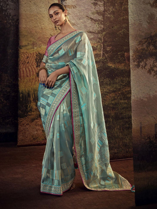 Embroidered Silk Soft Traditional Saree In Turquoise-80956