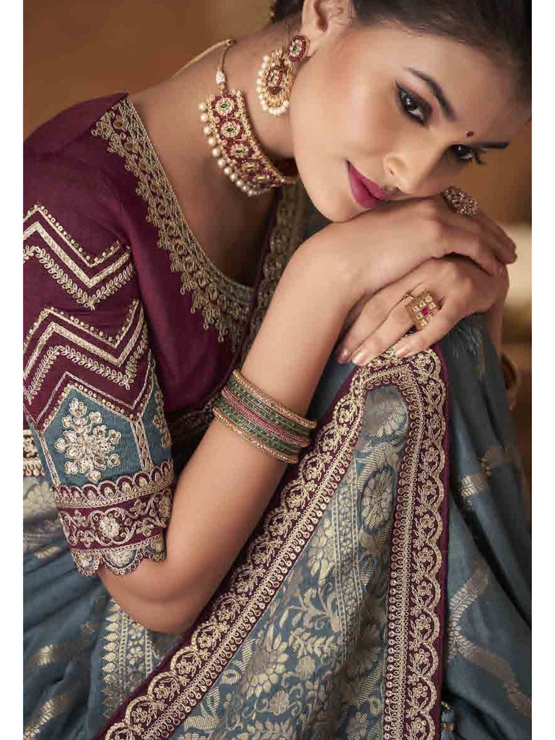 Embroidered Pure Dola Traditional Saree In Grey