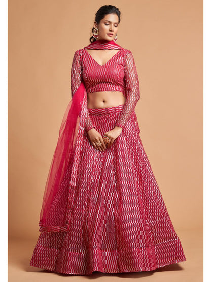 Sequence Net Fastive A Line Lehenga in Red Maroon