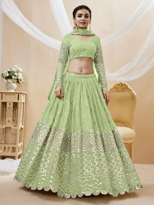 Embroidered Georgette Lehenga in Light Green