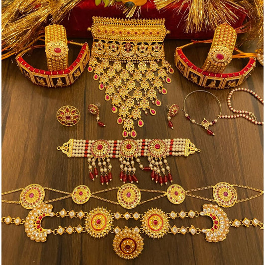 Gold and Kundan Rajwadi Rajputi Combo Jewellery Set-30946