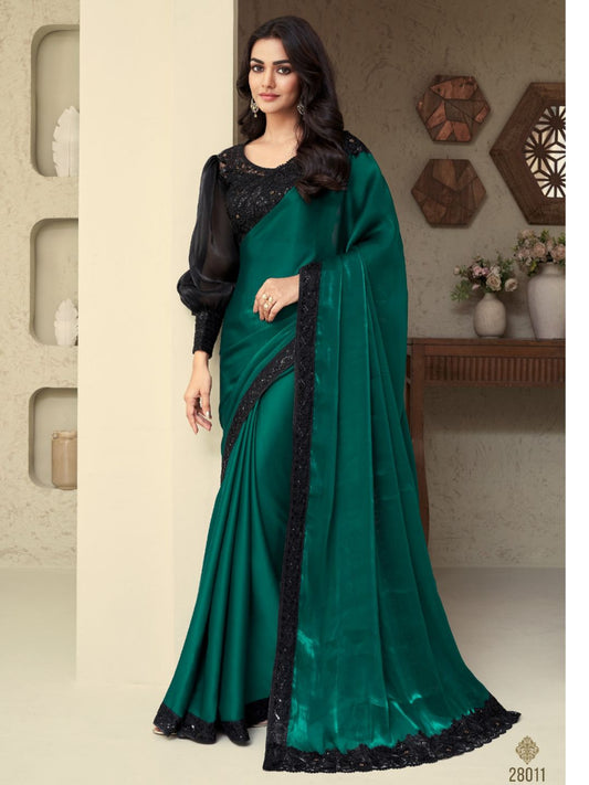 Embroidered Shimmer Silk Wedding Saree In Green