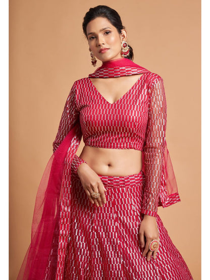 Sequence Net Fastive A Line Lehenga in Red Maroon