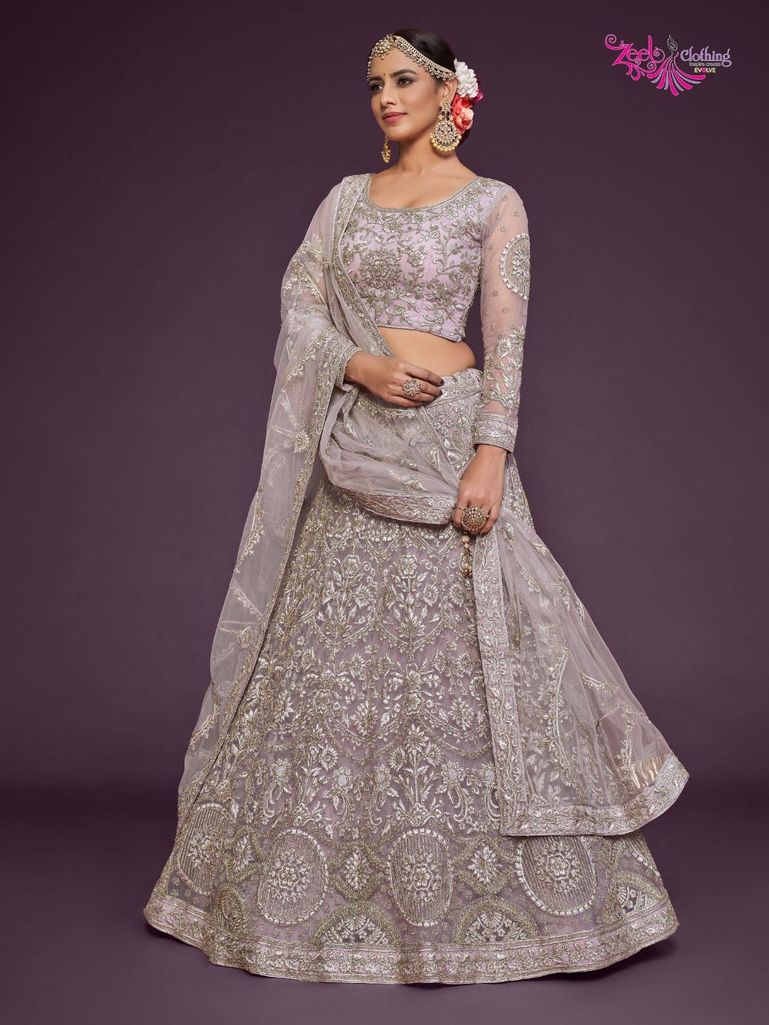 Net Wedding Lehenga in Purple with Zari work-90982