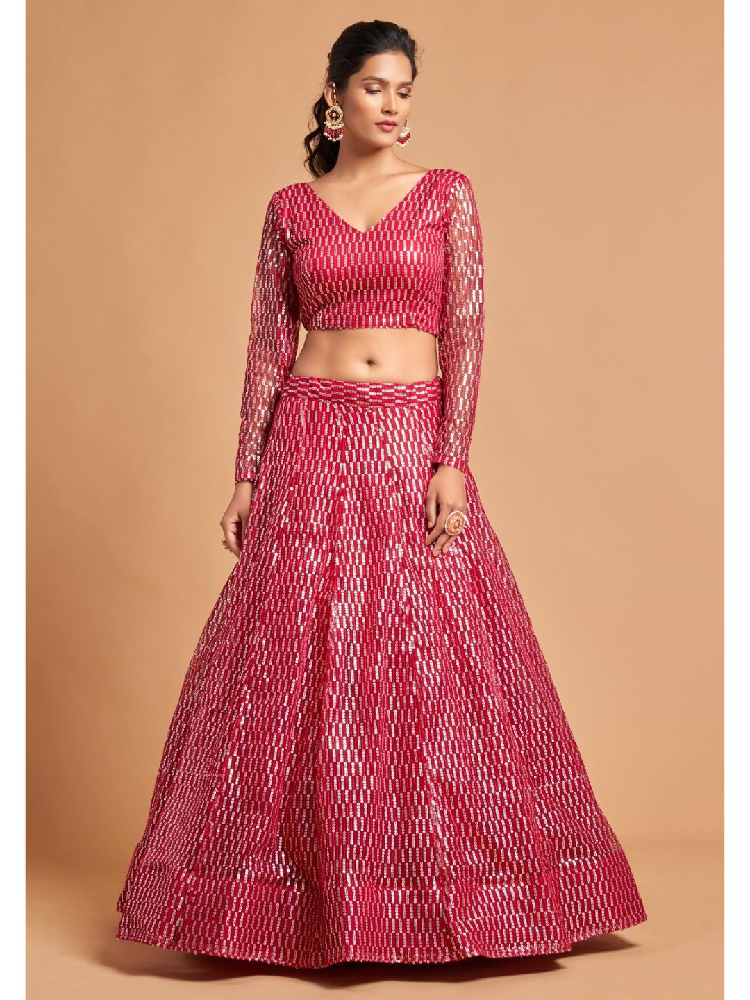 Sequence Net Fastive A Line Lehenga in Red Maroon