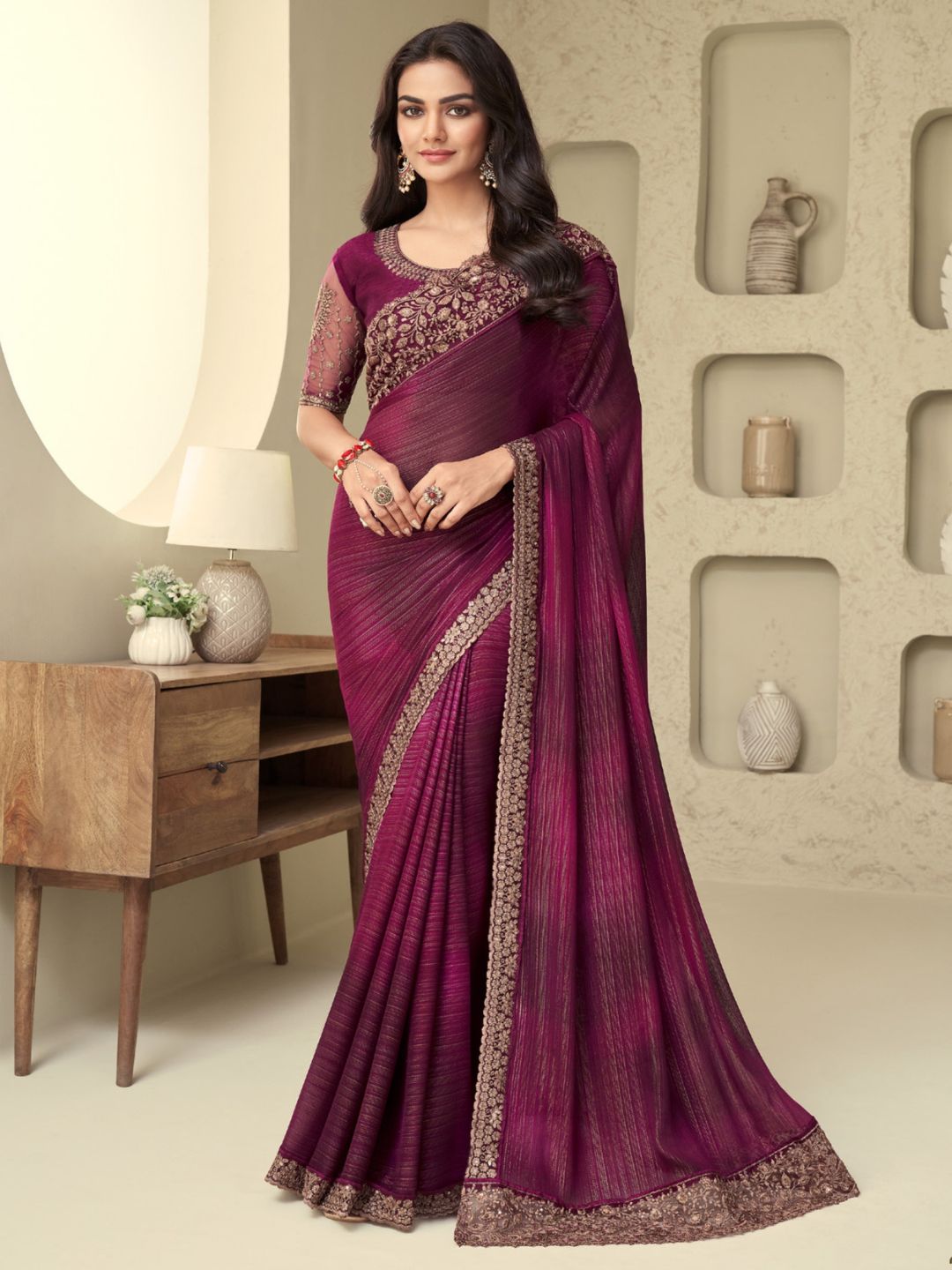 Embroidered Shimmer Silk Wedding Saree In Purple-80943