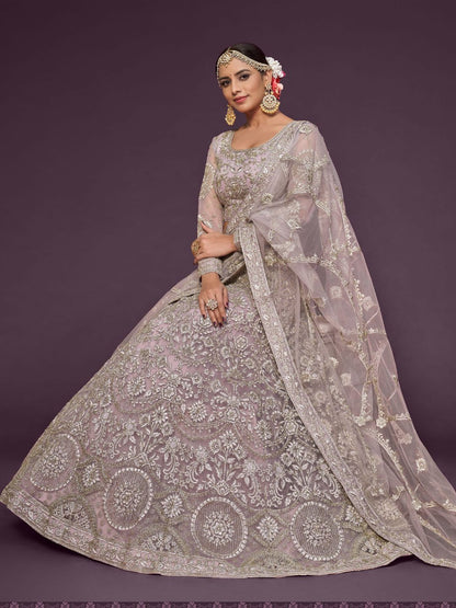 Net Wedding Lehenga in Purple with Zari work-90982