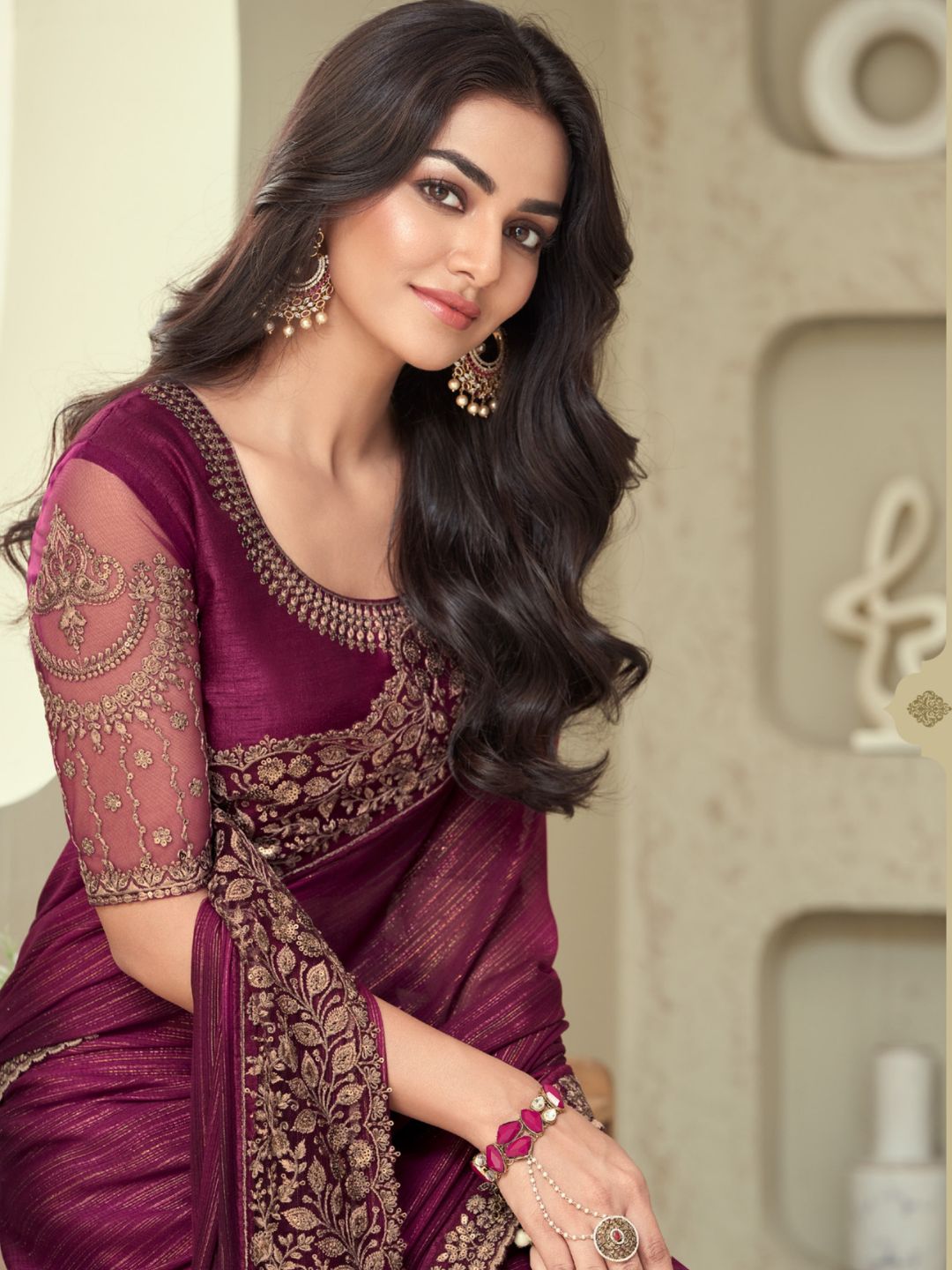 Embroidered Shimmer Silk Wedding Saree In Purple-80943